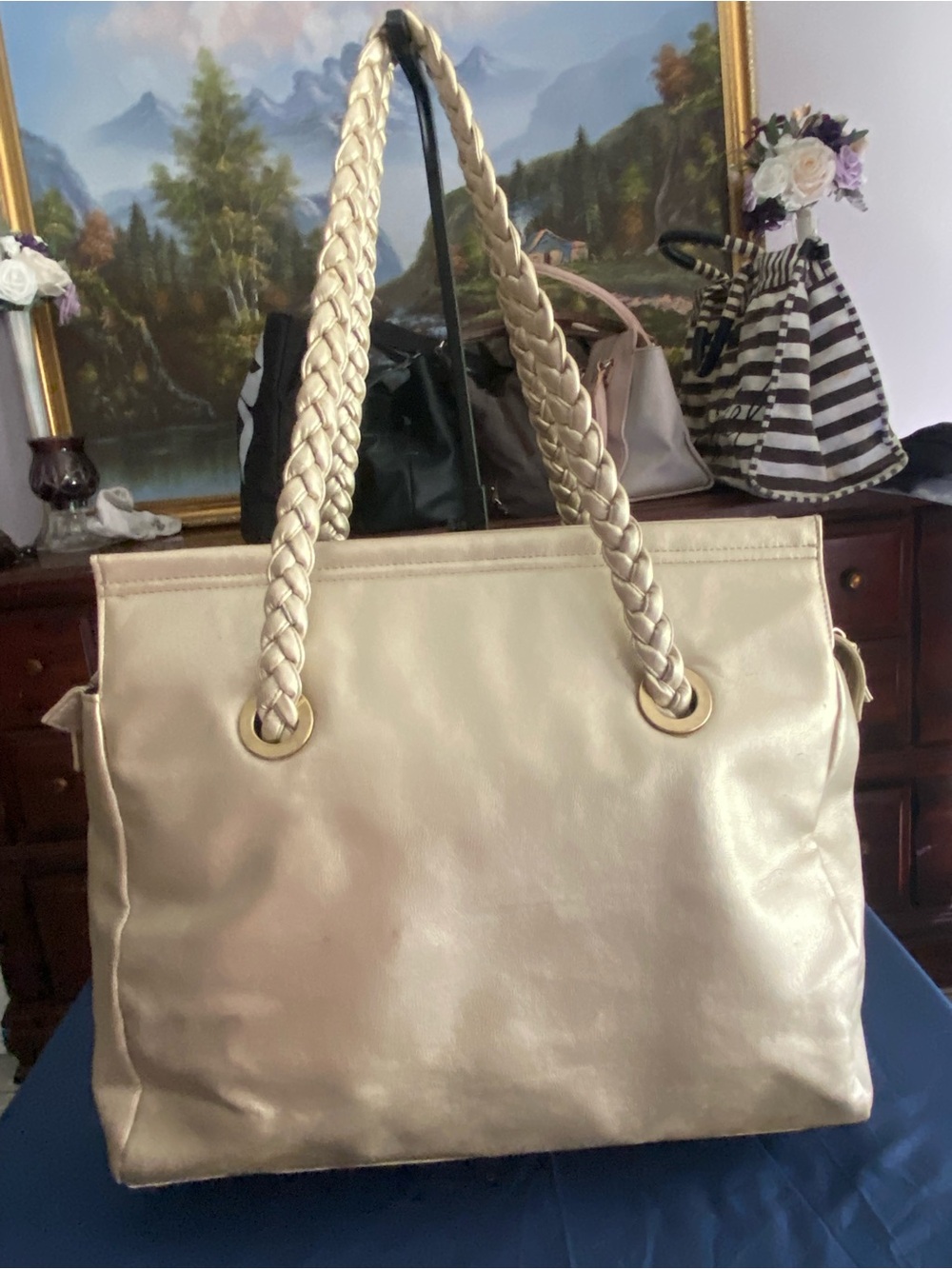 Lancôme Paris Gold Metallic Tote / Overnight Bag Braided Rope Handles Champagne - Picture 4 of 13